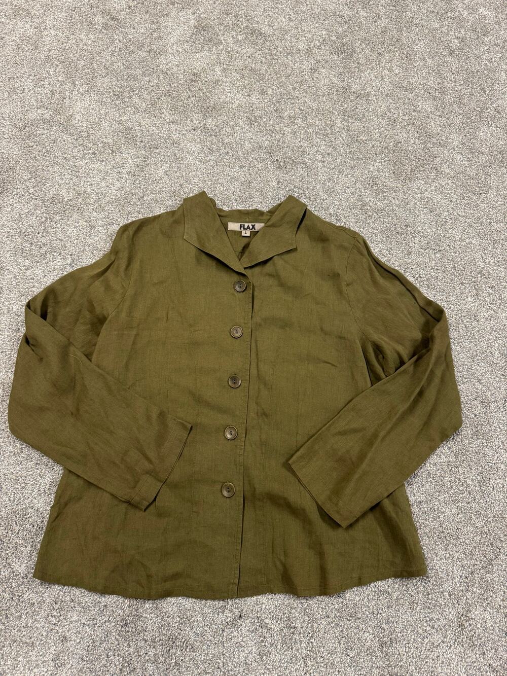FLAX Women's Olive Green Linen Collared Shirt Jacket